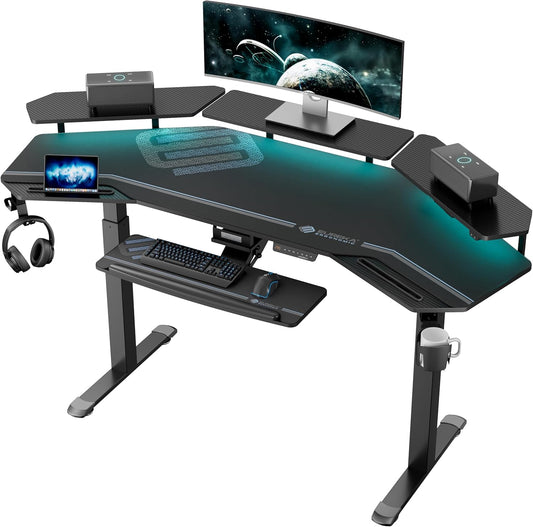 EUREKA ERGONOMIC Gaming Desk, Standing Desk W Keyboard Tray, 72" Wing Shaped Music Studio Table with LED Shelves, Gaming Recording Live Stream, Slot Design